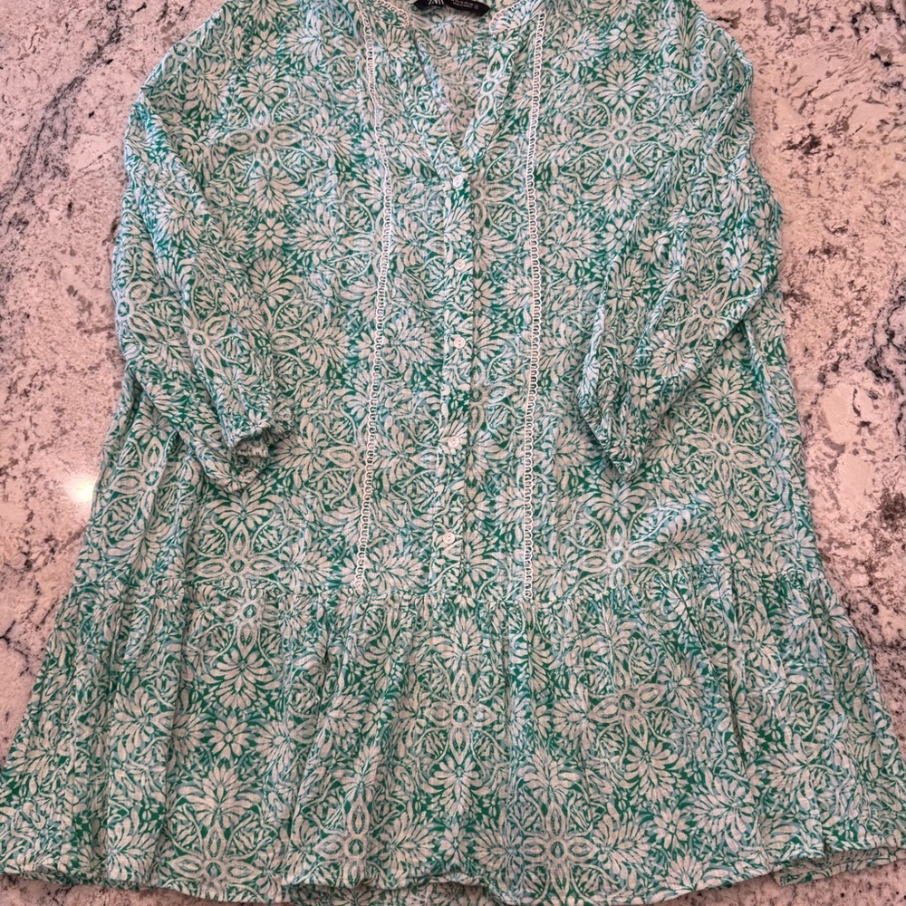 Zara Green Ivory Floral Tunic Dress XL - Picture 10 of 11